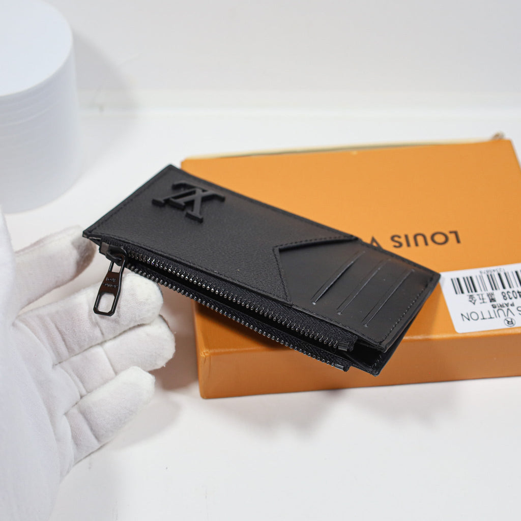 Louis Vuitton Credit Card Wallet Black Leather Zipper