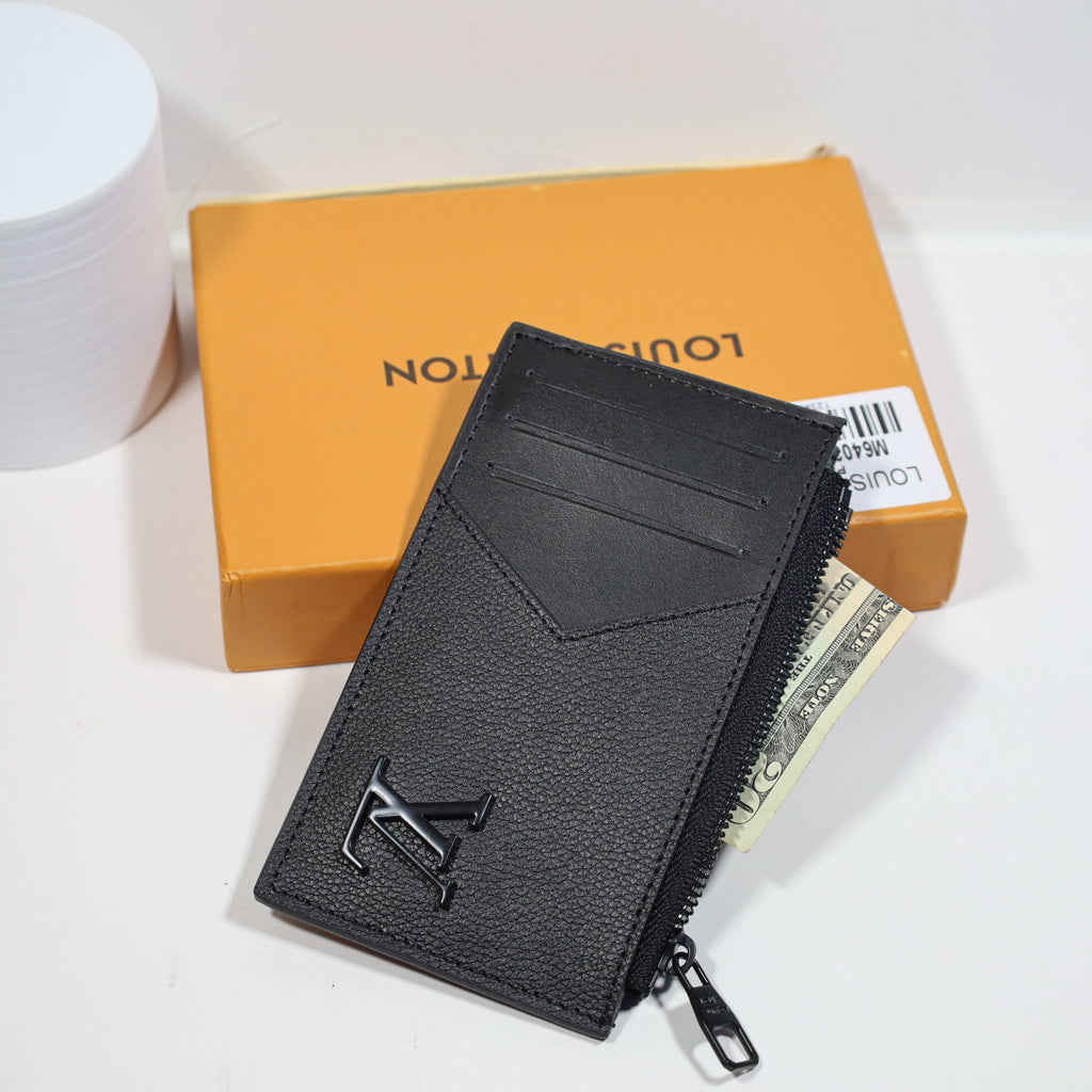 Louis Vuitton Credit Card Wallet Black Leather Zipper