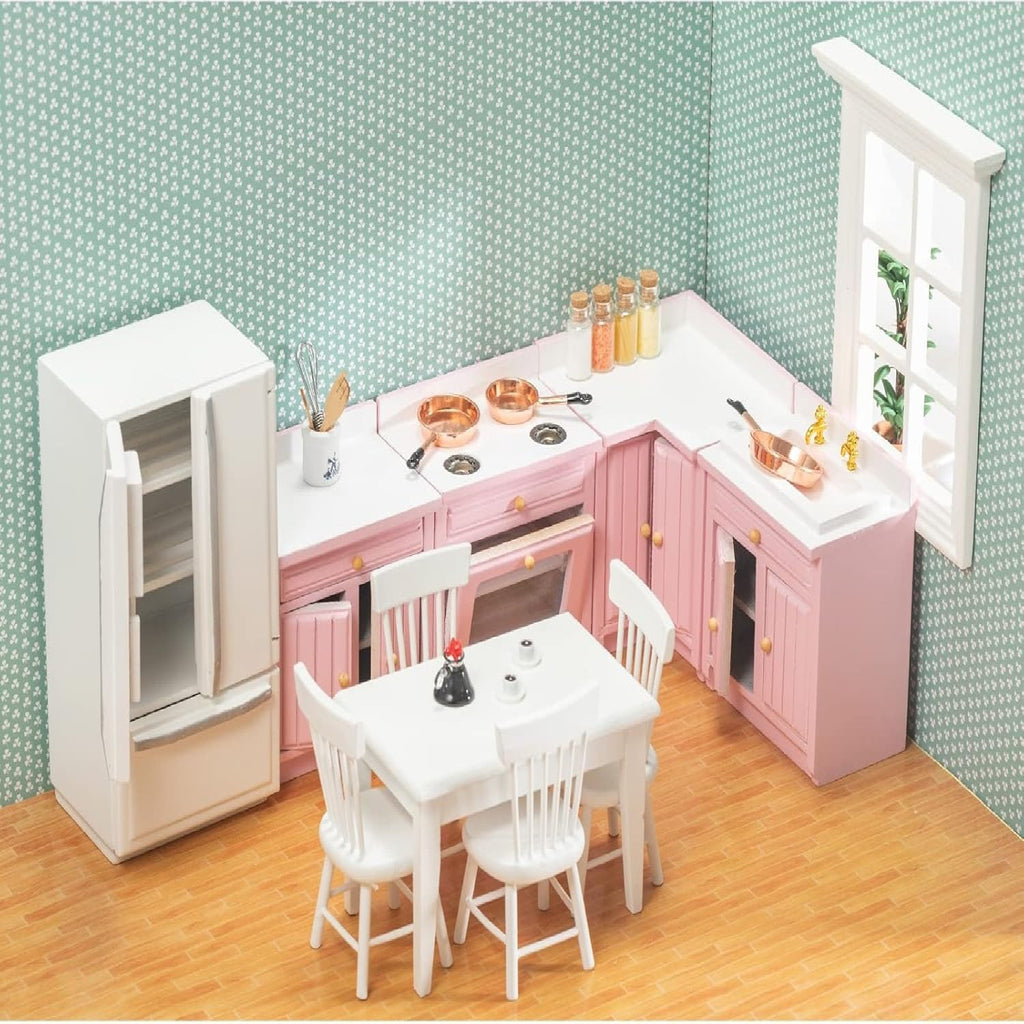 Wooden Kitchen Set – Miniature 1:12 Dollhouse Furniture (Pink)