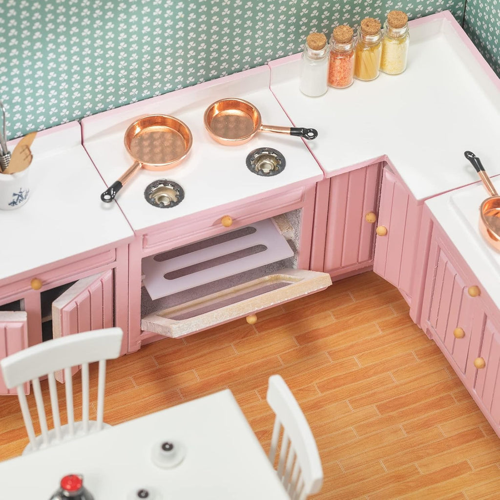 Wooden Kitchen Set – Miniature 1:12 Dollhouse Furniture (Pink)