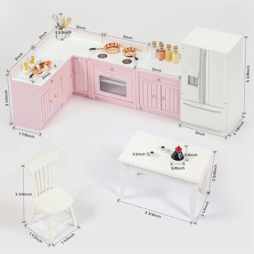 Wooden Kitchen Set – Miniature 1:12 Dollhouse Furniture (Pink)