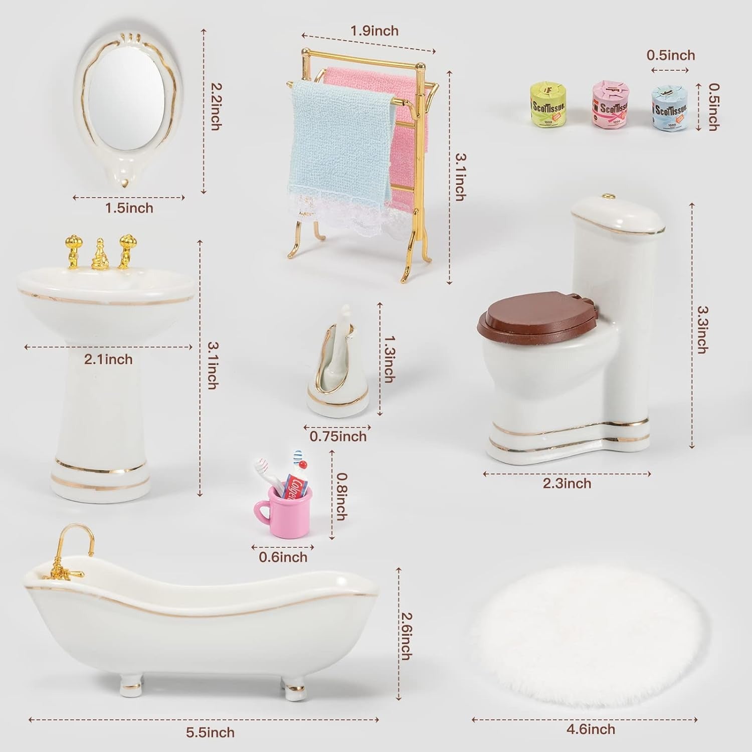 Ceramic Bathroom Set – Miniature 1:12 Dollhouse Furniture